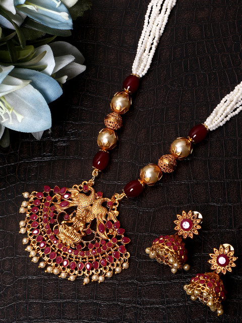 

ANIKAS CREATION Gold-Plated & Red Stone Studded Maa Laxmi Temple Jewellery Set