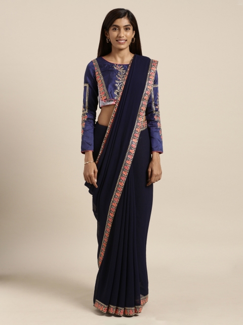 

Mitera Navy Blue Solid Pure Chiffon Saree