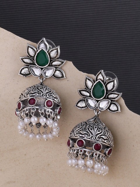 

Voylla Silver-Plated & Green Dome Shaped Faux Pearls Embellished Jhumkas