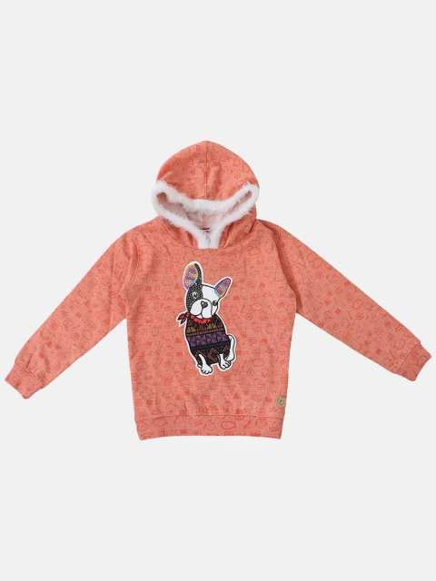 

Lil Tomatoes Boys Orange Printed Embellished Hooded Sweatshirt