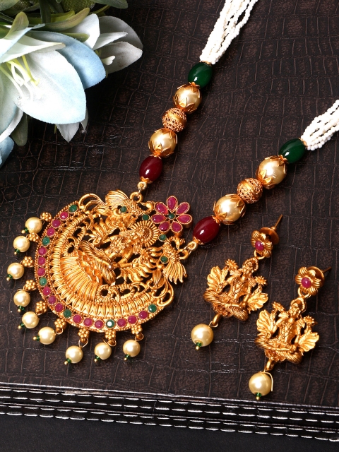 

ANIKAS CREATION Gold-Plated White Stone Studded Maa Laxmi Temple Jewellery Set
