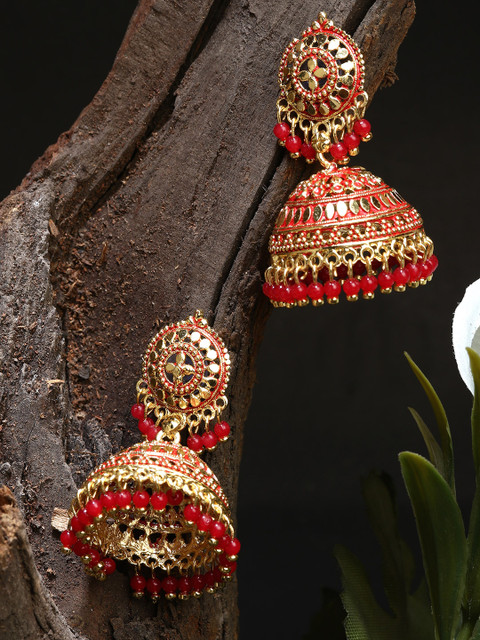 

ANIKAS CREATIOn Gold Plated & Red Enamelled Dome Shaped Jhumkas