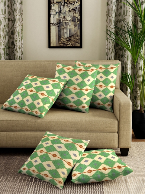 NEUDIS Green & Yellow Set of 5 Geometric Square Cushion Covers