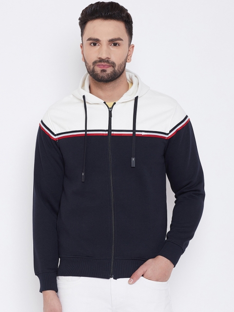 

Okane Men Navy Blue & Off-White Colourblocked Hooded Sweatshirt
