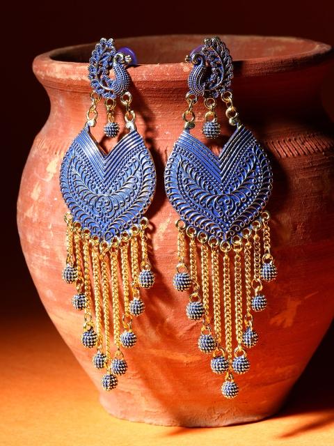 

ANIKAS CREATION Blue & Gold-Plated Enamelled Peacock Shaped Drop Earrings