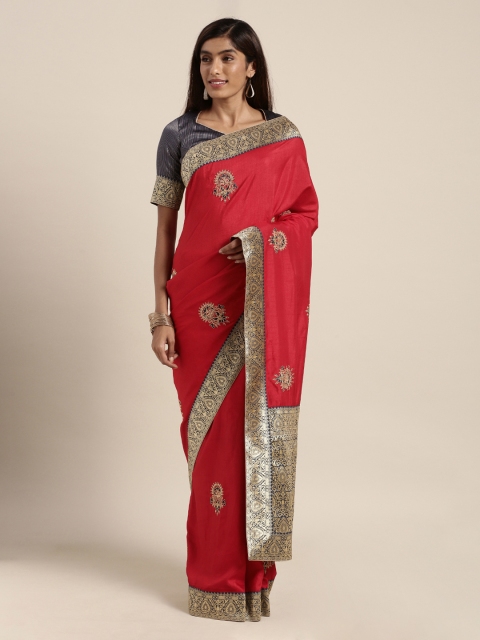 

Mitera Red & Blue Poly Silk Embroidered Saree