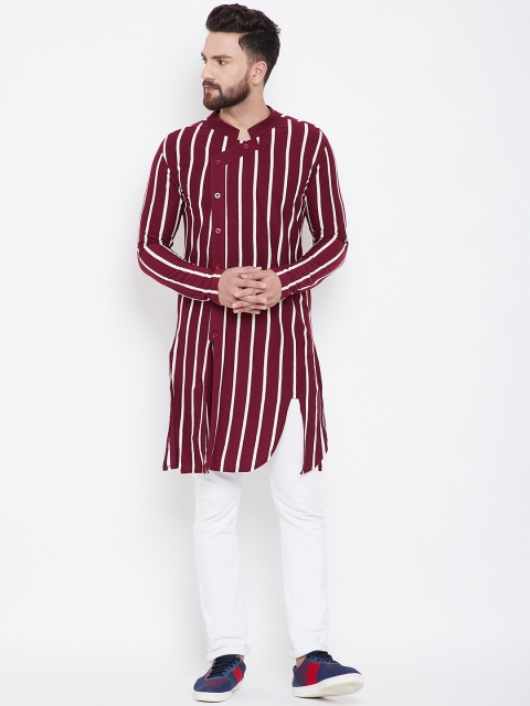 

Hypernation Men Maroon & Off-White Striped Straight Kurta