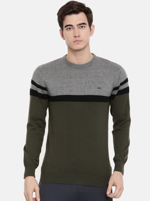 

Proline Men Olive Green & Grey Colourblocked Pullover Sweater