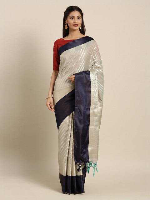 

Mitera Grey & Navy Blue Silk Blend Woven Design Kanjeevaram Saree