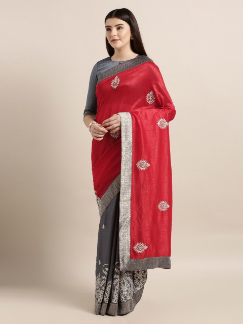 

Mitera Red & Grey Poly Silk Embroidered Saree
