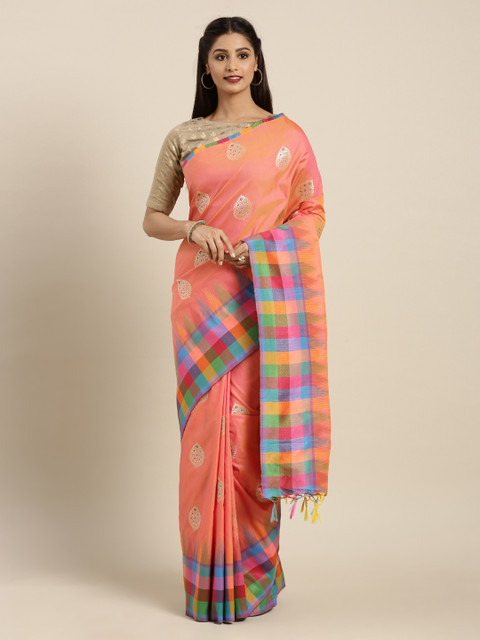 

Mitera Coral Pink & Blue Silk Blend Woven Design Kanjeevaram Saree