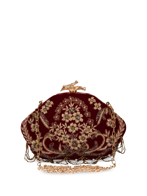 

Anekaant Maroon & Gold-Toned Embellished Velvet Clutch