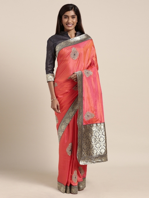 

Mitera Peach-Coloured & Blue Poly Silk Embroidered Saree