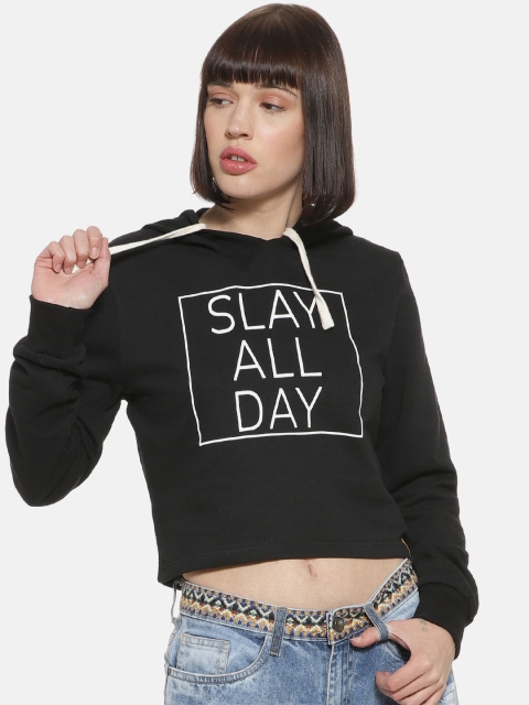 

Campus Sutra Women Black Printed Hooded Sweatshirt