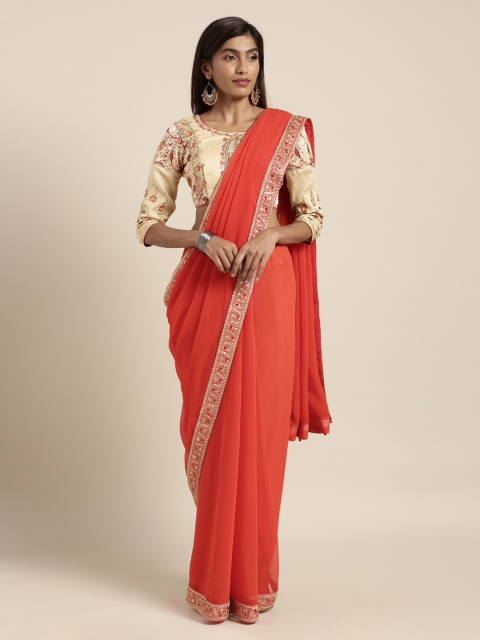 

Mitera Orange Solid Pure Chiffon Saree