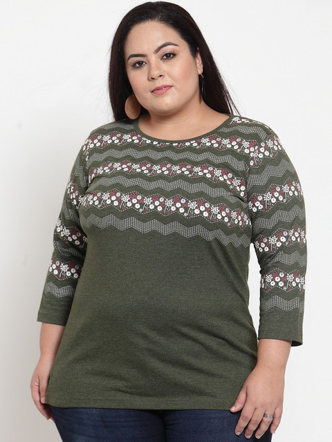 

plusS Women Green & White Printed Top