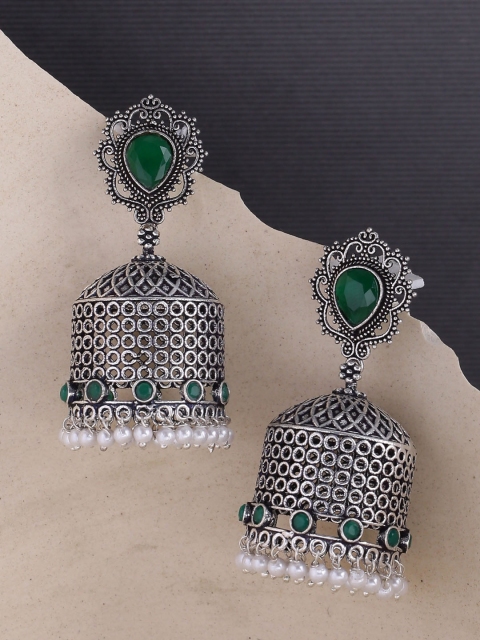 

Voylla Silver-Plated & Green Dome Shaped Jhumkas