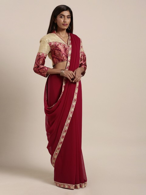 

Mitera Maroon Solid Pure Chiffon Saree