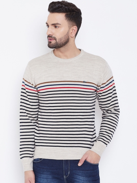 

Okane Men Beige & Black Striped pullover Sweater