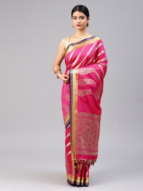 

Mitera Pink Silk Blend Woven Design Kanjeevaram Saree