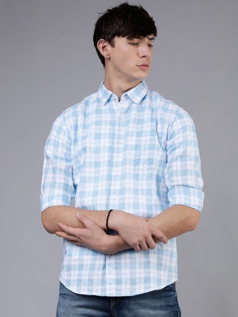 

HIGHLANDER Men White & Blue Slim Fit Checked Casual Shirt