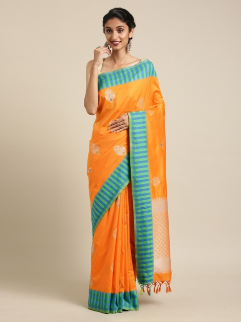 Mitera Orange & Green Silk Blend Woven Design Kanjeevaram Saree