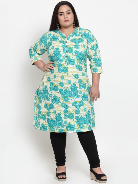 

plusS Women Turquoise Blue & Green Floral Printed Straight Kurta