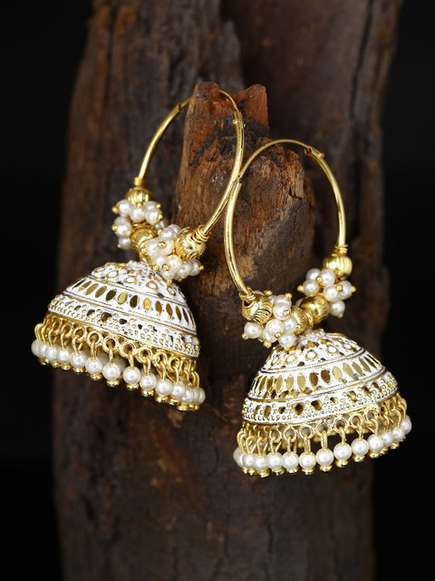 

ANIKAS CREATION White & Gold-Plated Enamelled Dome Shaped Jhumkas