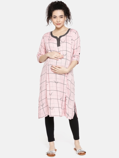 

GOLDSTROMS Women Pink Checked Nursing Maternity Kurta