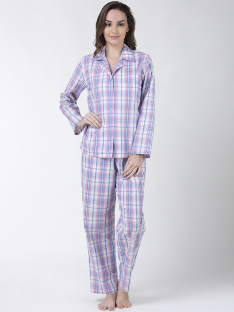 

ADORENITE Women Pink & Blue Checked Night Suit