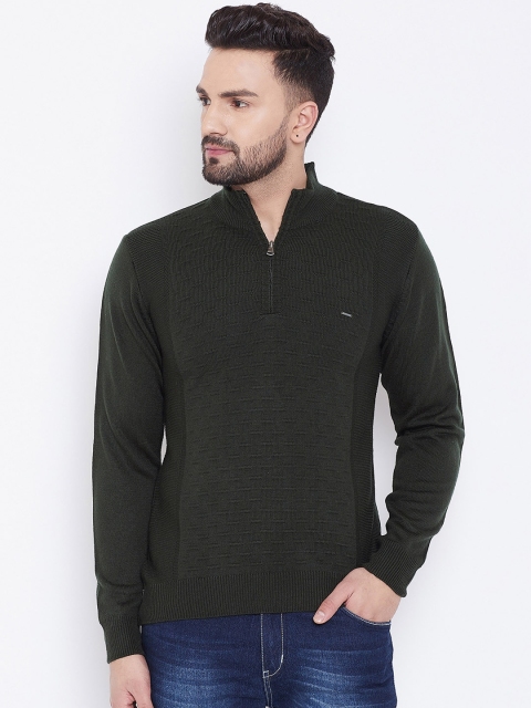 

Okane Men Olive Green Self Design Pullover Sweater