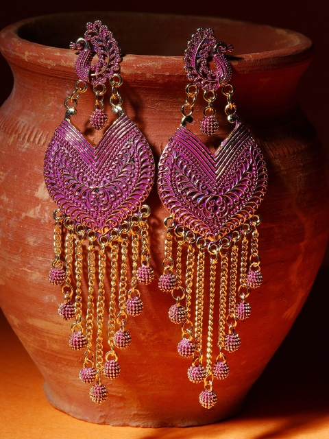 

ANIKAS CREATION Pink & Gold-Plated Enamelled Peacock Shaped Drop Earrings