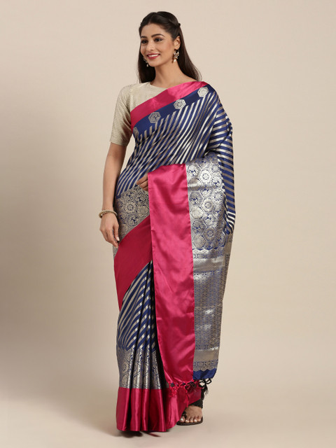 

Mitera Navy Blue & Pink Silk Blend Woven Design Kanjeevaram Saree