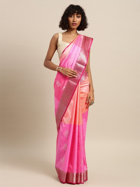 

Mitera Peach-Coloured & Pink Silk Blend Woven Design Kanjeevaram Saree