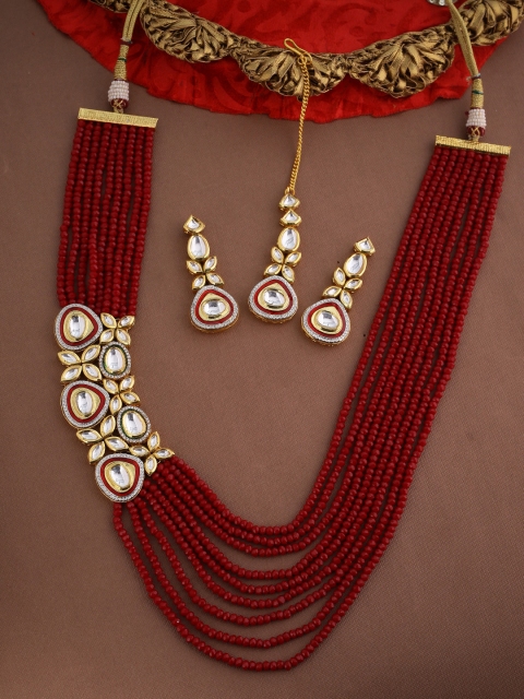 

Voylla Red & Gold-Plated Multistranded Kundan Jewellery Set With Maangtika