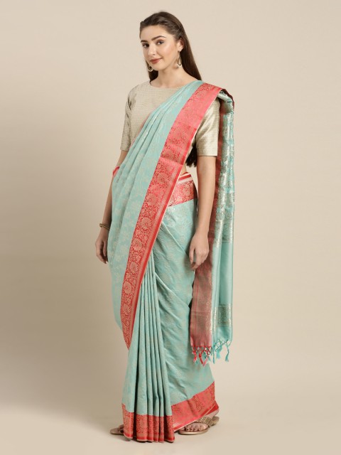 

Mitera Turquoise Blue & Pink Silk Blend Woven Design Banarasi Saree