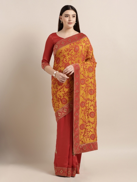 

Mitera Red & Yellow Poly Silk Embroidered Half and Half Saree