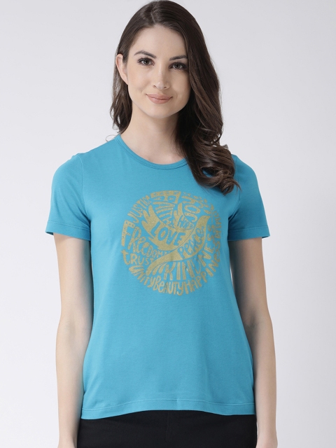 

Club York Women Blue Printed Round Neck T-shirt