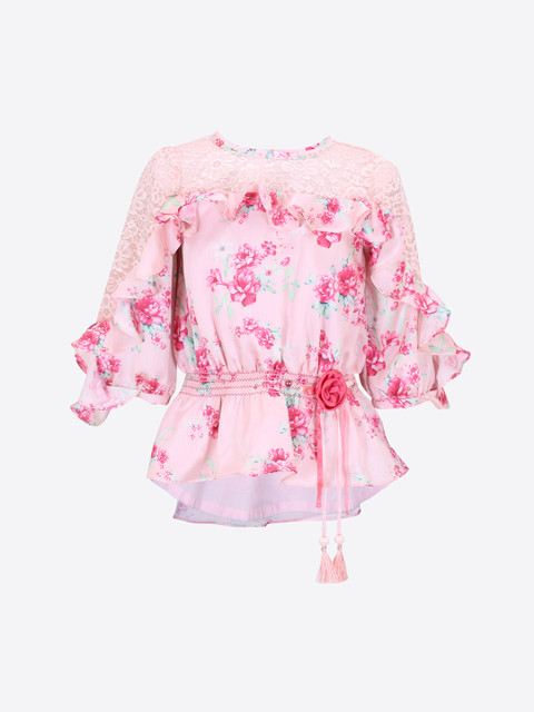 

CUTECUMBER Girls Peach-Coloured Floral Print Cinched Waist Top