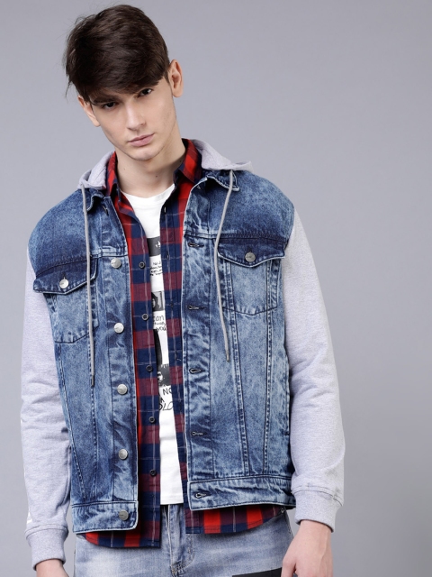 Men Blue Solid Denim Hooded Jacket