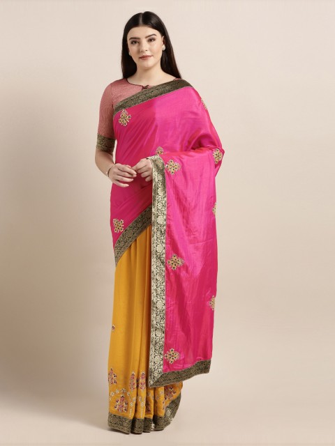 

Mitera Pink & Yellow Poly Silk Embroidered Half and Half Saree