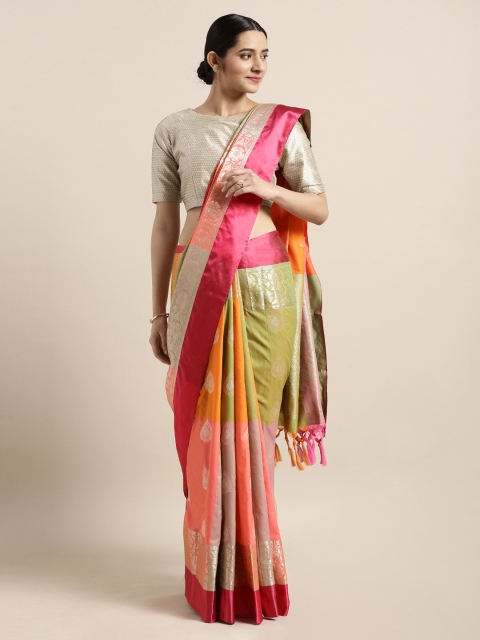 

Mitera Green & Peach-Coloured Silk Blend Woven Design Kanjeevaram Saree