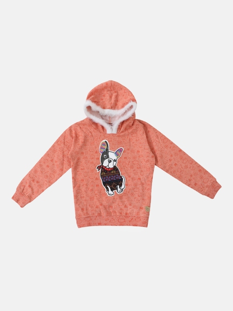 

Lil Tomatoes Boys Orange Printed Embellished Hooded Sweatshirt