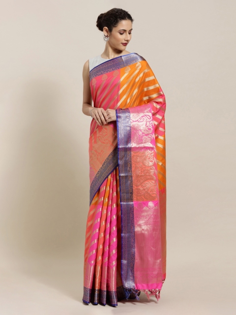 

Mitera Pink & Orange Silk Blend Woven Design Kanjeevaram Saree