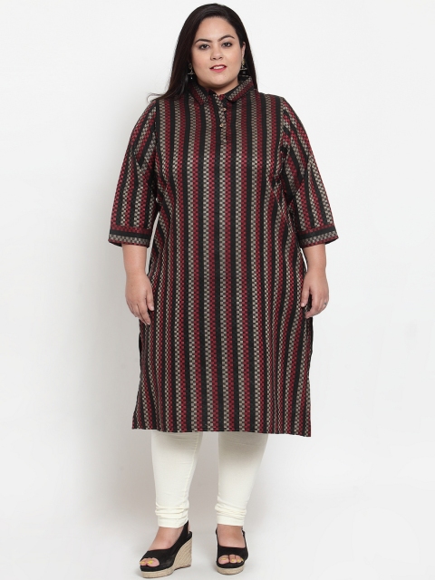 

plusS Women Black & Maroon Woven Design Straight Kurta