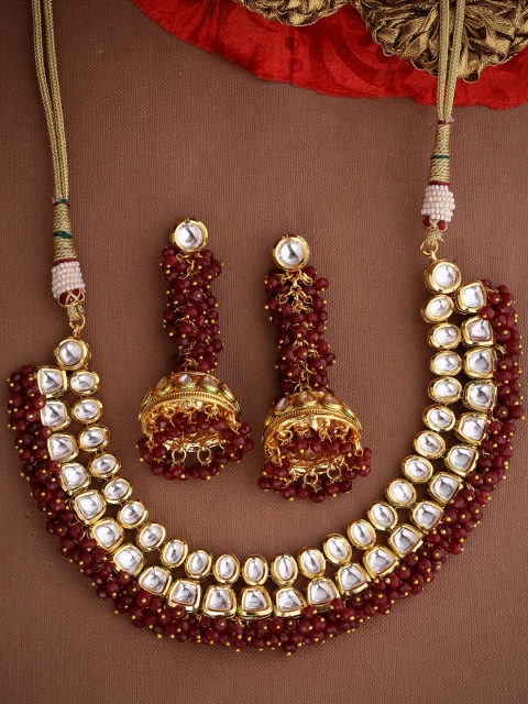 

Voylla Gold-Plated & Maroon Kundan Jewellery Set