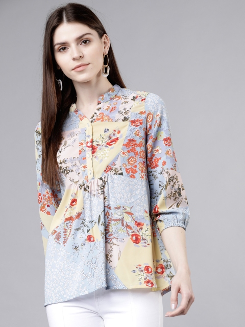 

Tokyo Talkies Women Blue Floral Printed Shirt Style Top