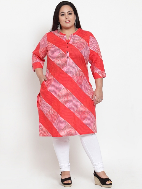 

plusS Women Red & Off-White Striped Straight Kurta