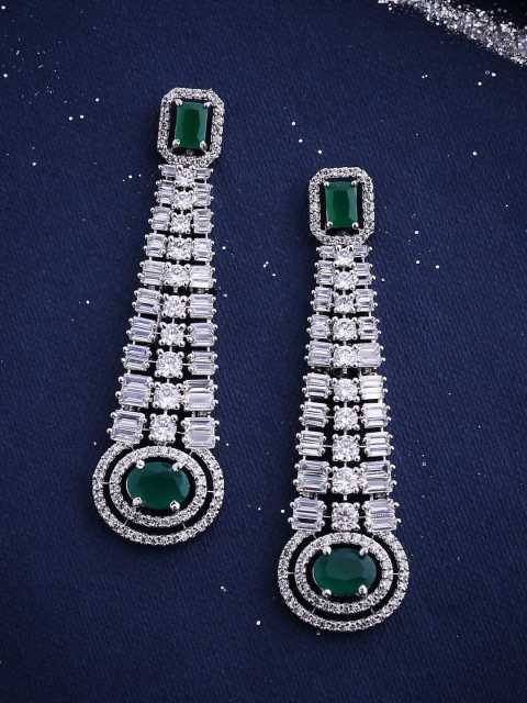 

Voylla Green & White Silver-Plated CZ Studded Contemporary Drop Earrings