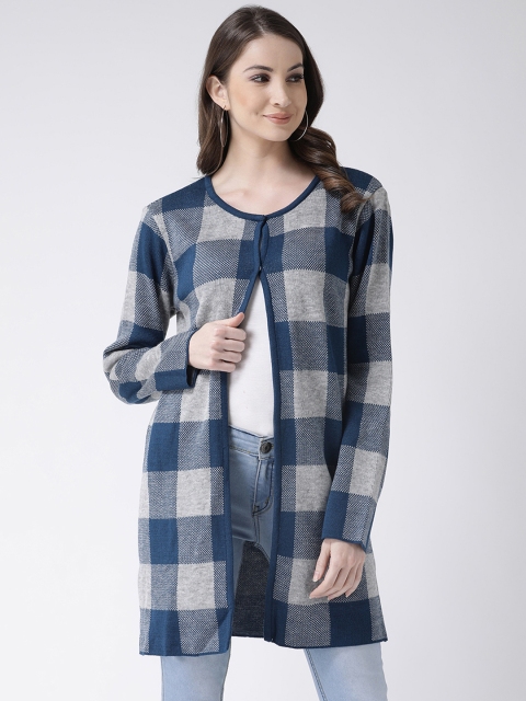 

Club York Women Blue & Grey Checked Longline Open Front Shrug